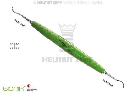 Helmut Zepf Bionik Sickle Scaler 24.751.204 with green ergonomic handle and dual cutting edges for supragingival scaling