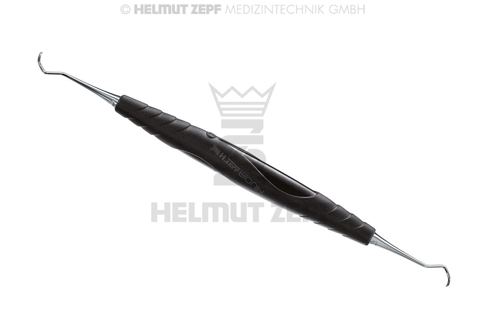 Columbia Universal Curette dental instrument with ergonomic black handle for scaling and root planing by Helmut Zepf