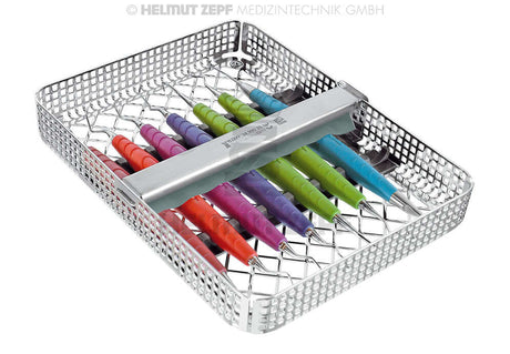 Dental Hygiene Instrument Kits in sterilization tray with colorful-handled tools for prophylaxis