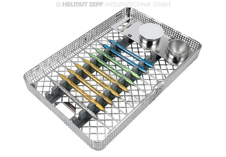 Helmut Zepf Sinus Lift Kit with color-coded instruments in sterilization tray for sinus augmentation procedures