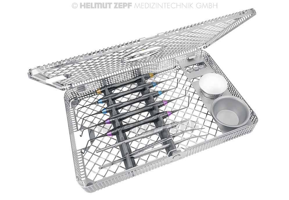 Subperiostal recession coverage surgical instrument kit by Dr. Marco Zeltner in sterilization tray