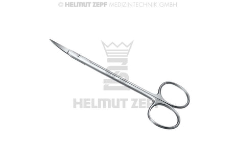 Tower Point scissors curved tapered tips 12 cm by Helmut Zepf — fine gum scissors for tight interdental sites