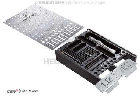 Helmut Zepf CMF 1.2 System surgical instrument kit with sterilization tray and precision tools for craniomaxillofacial surgery