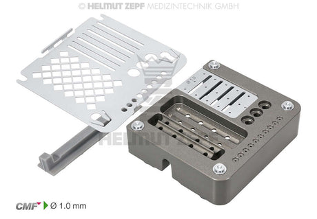 Helmut Zepf CMF 1.0 System surgical tray with precision cranio-maxillofacial fixation instruments and sterilization case