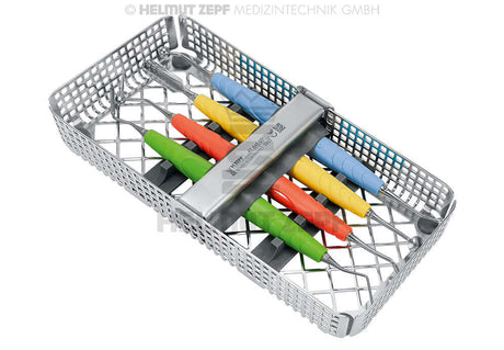 Bone grafting instruments set in sterilization tray with colorful handles by Helmut Zepf Medizintechnik