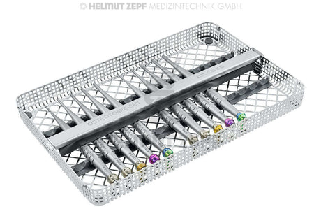 Helmut Zepf straight osteotome set in sterilization tray – German precision kit for anterior bone management