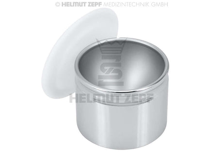 Stainless steel prophylaxis mixing cup with white lid by Helmut Zepf for precise dental material preparation