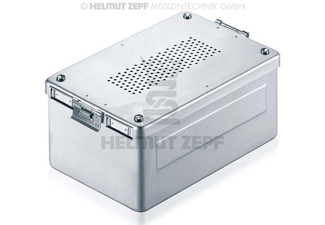 Helmut Zepf aluminum sterilization container with perforated lid and secure latches for autoclave-safe instrument storage
