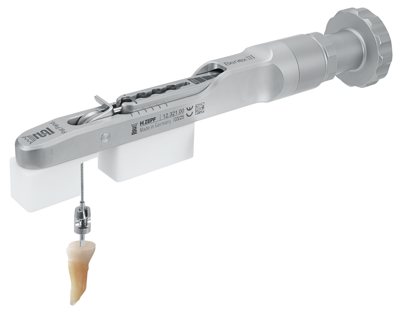 Benex Extraction System tool extracting a single-rooted tooth with minimally invasive precision, made in Germany
