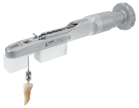 Benex Extraction System extracting a single-rooted tooth with minimal trauma, German-made precision dental tool