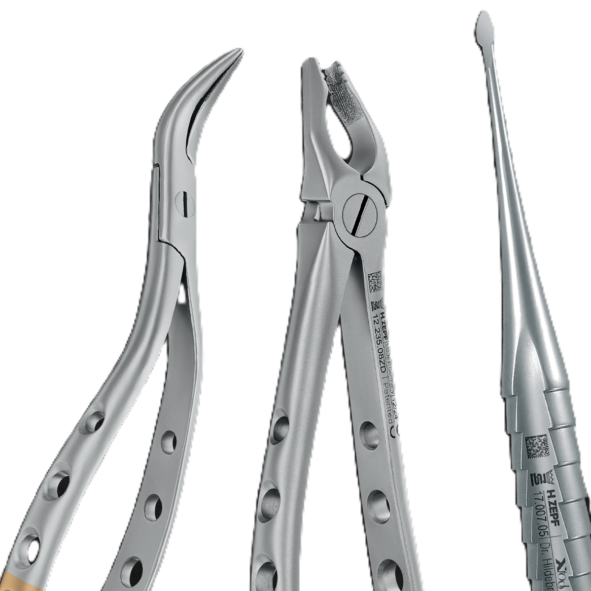 Helmut Zepf dental extraction instrument collection with forceps and elevator for atraumatic tooth removal