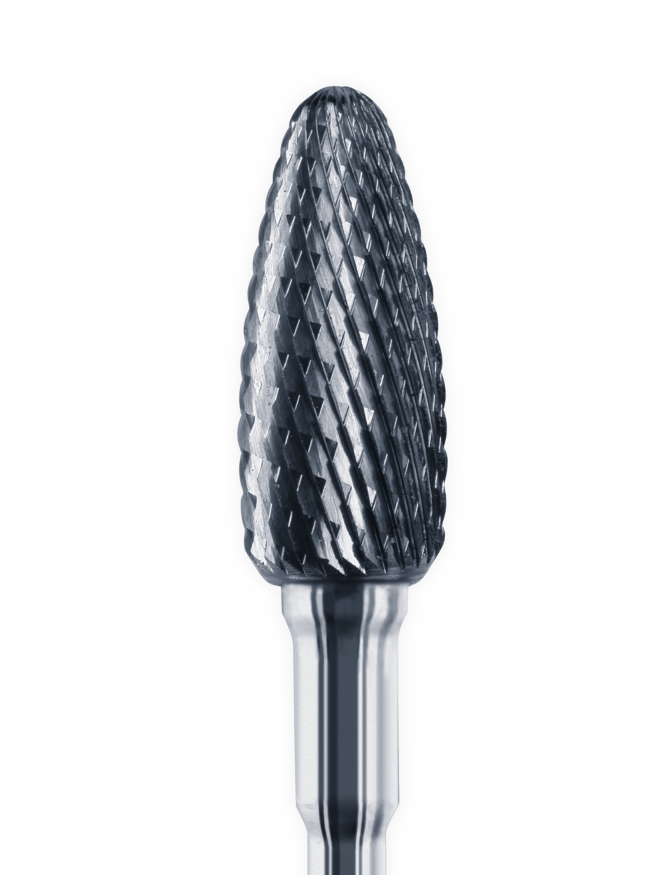 Left Handed Carbide Cutter Lab Burs by Busch - Flame-shaped precision dental bur for left-handed technicians