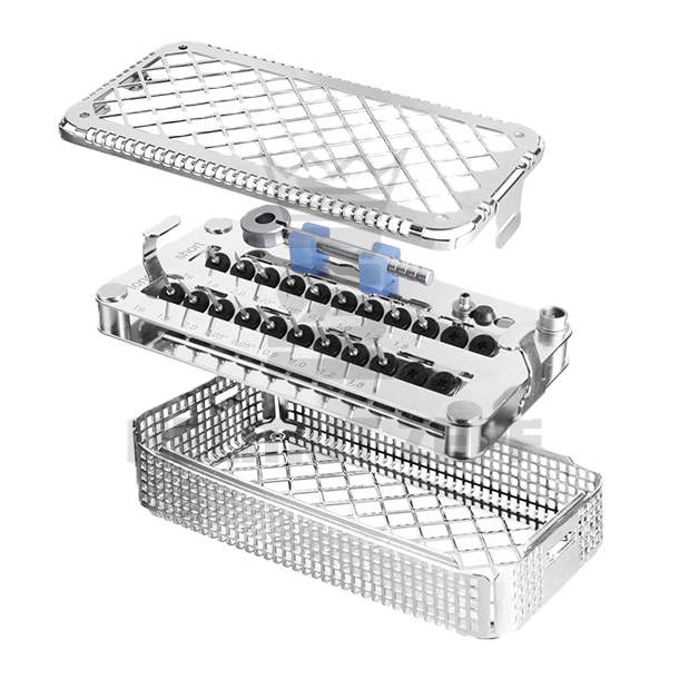 Crown Removal Instrument Collection in sterilization cassette tray by Helmut Zepf, German-made dental tools