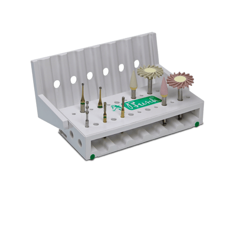 Busch Dental Bur Accessories organizer stand holding various rotary instruments and polishing tools for professional dental use