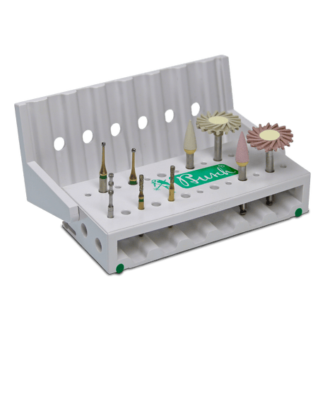 Busch STERI-SAFE dental bur block with wave design holding RA and FG shank instruments for organized dental procedures