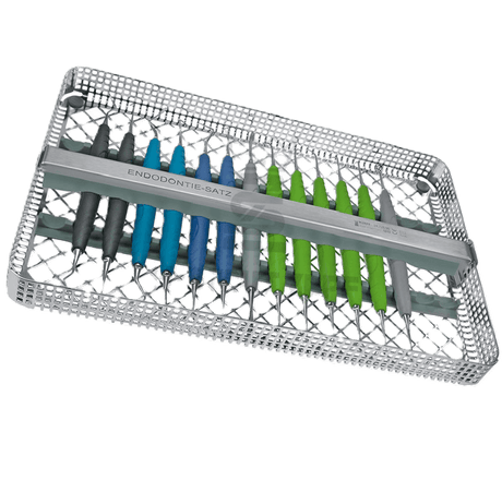 Endodontic Instrument Collection by Helmut Zepf in sterilization cassette tray with color-coded handles for root canal treatment