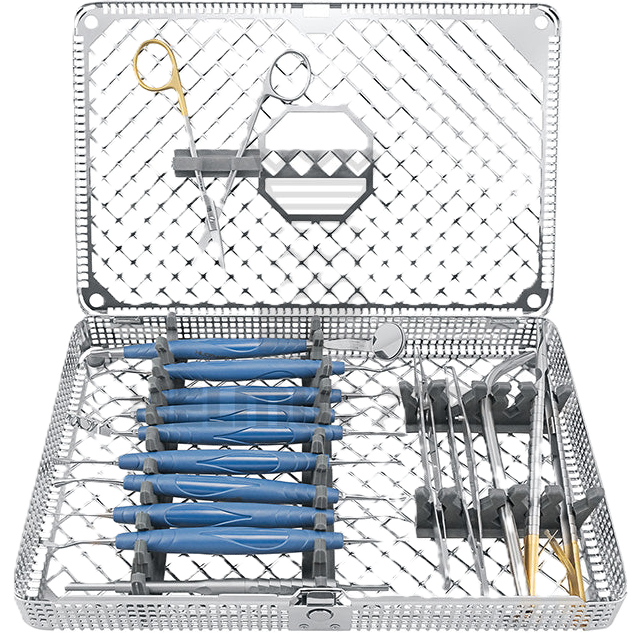Helmut Zepf oral surgery instrument collection in sterilization cassette with blue-handled tools and scissors