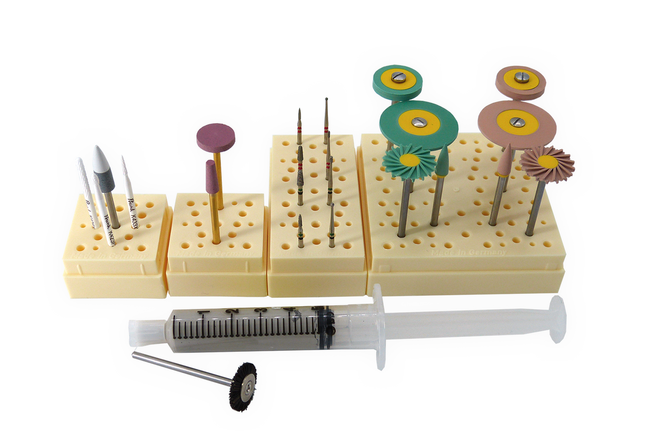Zirconia Bur and Polisher collection by Busch with diamond carbide ceramic instruments in organized holder for zirconia processing