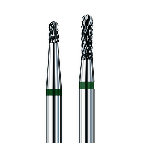 Busch Dental Carbide Bur pair with green band, round and cylinder shapes, precision-engineered tungsten carbide for clinical dentistry