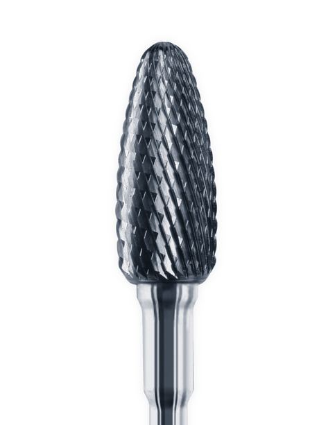 Dental Lab Carbide Bur with flame-shaped head for precise cutting in prosthetic dentistry workflows