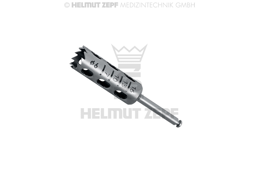 dental trephine 6.0mm surgical instrument 11 teeth sheath 2.35mm x 30mm graduation 7/10/13/16 Helmut Zepf 08.910.08