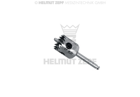 Helmut Zepf dental trephine 8.0mm with guide pin sheath, 9 teeth, fixation support, 2.35mm x 30mm, No. 08.910.10F