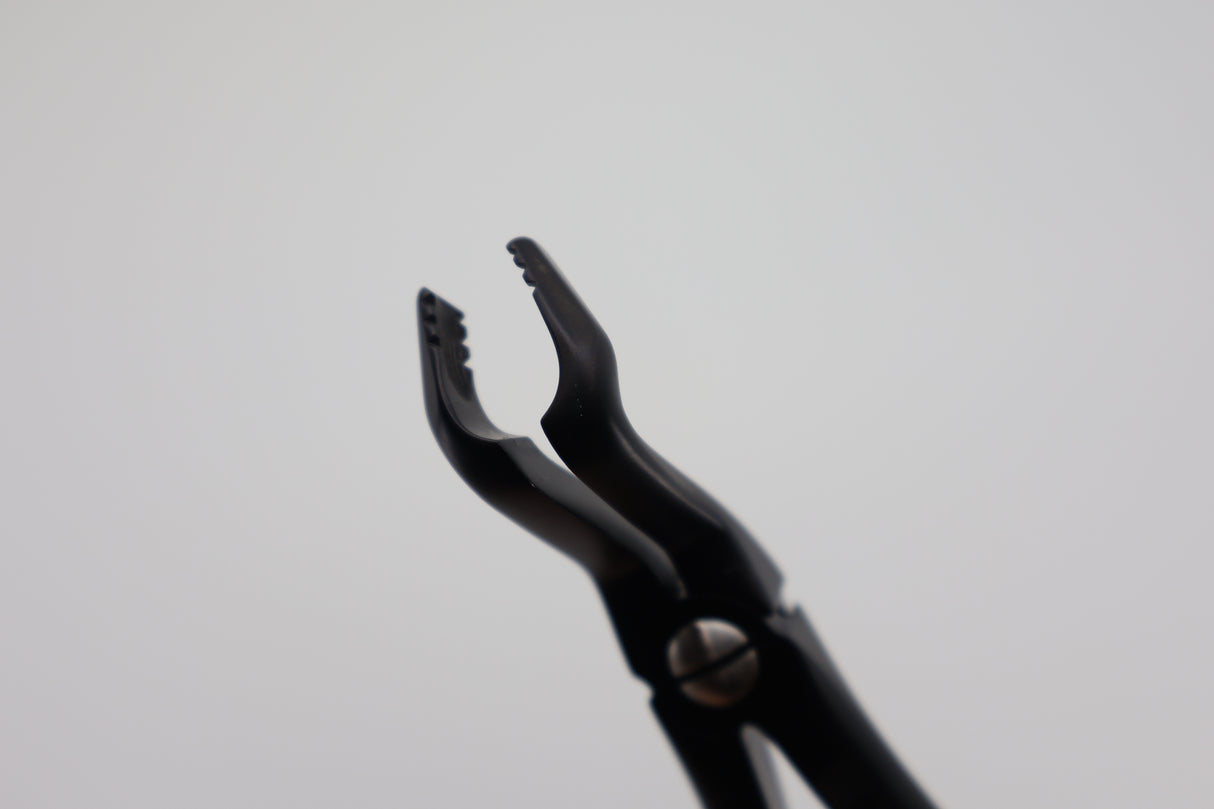 Upper wisdom teeth extraction forceps diamond coated jaws closeup, English Pattern #67A Modified, Onyx Coating by Helmut Zepf