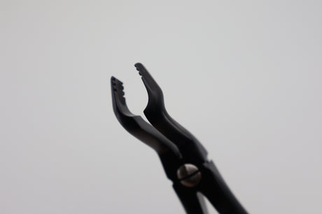 Upper wisdom teeth extraction forceps diamond coated jaws closeup, English Pattern #67A Modified, Onyx Coating by Helmut Zepf