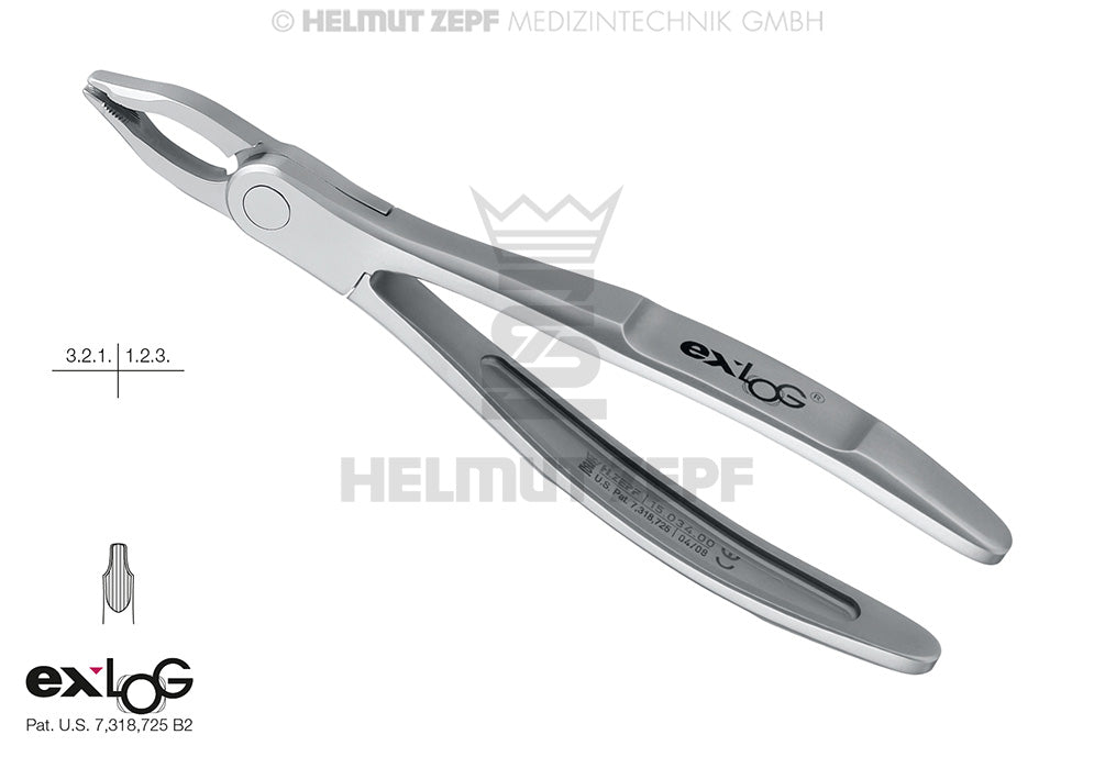 Helmut Zepf exLOG #34 upper incisor extraction forceps deep parallel grip for cuspids, stainless steel dental instrument
