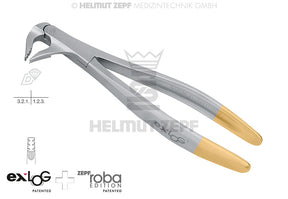Helmut Zepf exLOG #36M diamond coated extraction forceps with gold handles, patented dental tool No. 15.236.08D