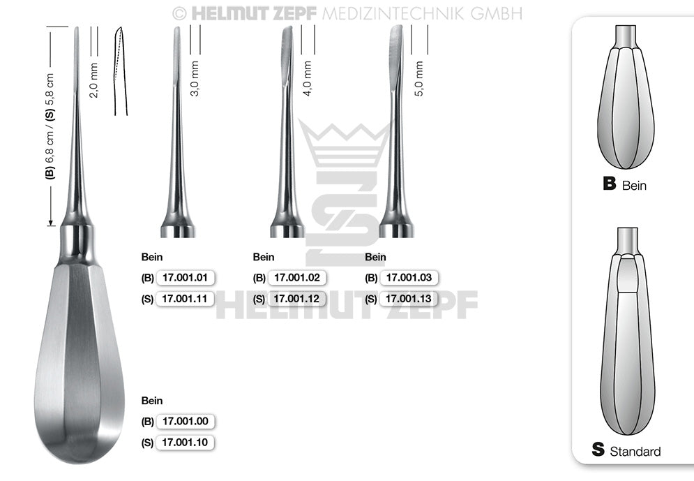 Helmut Zepf root elevator dental instrument 2mm #0, Bein Round Handle, 17.001.00 - dental extraction tool