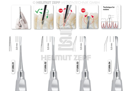 Helmut Zepf curved root elevator axial luxation 5mm #4 standard handle with thumb rest, No. 17.006.04