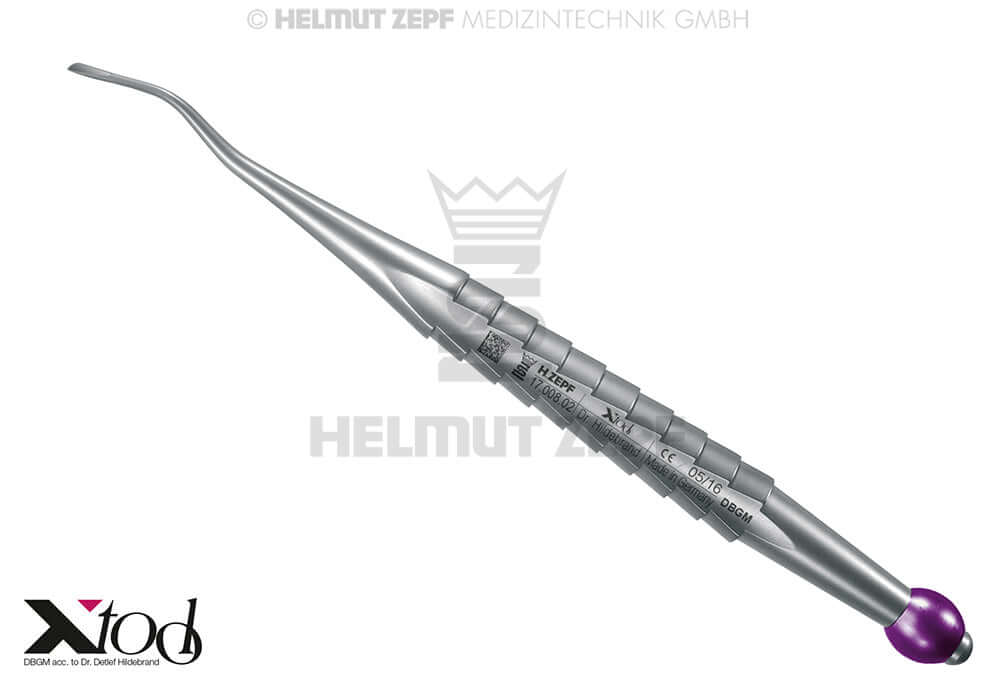 Root Tip Elevator Dental Luxator X-Tool, Approximal Root Elevator, Mesial, #77Rs, Curved, 2.5 mm, Purple Metallic ID Ball | Helmut Zepf No. 17.008.02