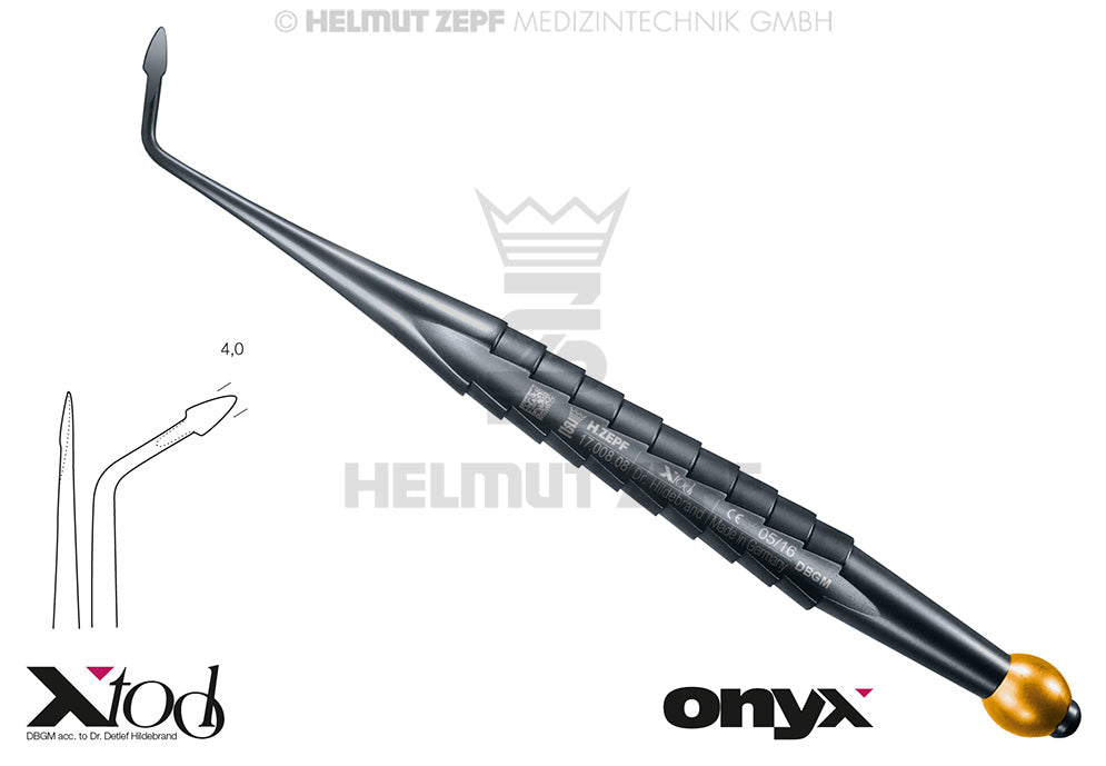 Root Tip Elevator X-Tool Syndesmotome Curved Left 4.0mm Onyx Coating Yellow ID Ball Helmut Zepf 17.008.08TI