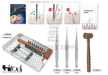 Root Tip Elevator H-Tool #5 Straight 3.0mm Yellow ID Ball by Helmut Zepf - Complete Set with Surgical Technique Guide
