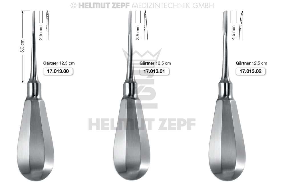 Helmut Zepf root elevator dental instrument Gärtner 4.5mm #02 17.013.02 Bein Handle 125mm set