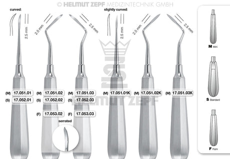 Heidbrink root tip elevator curved serrated edges, #2, Flohr handle, 2.5mm working tip, Helmut Zepf 17.053.02