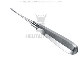 Helmut Zepf angled root elevator dental instrument, Root Tip Elevator #60 2mm flat thumb-rest handle 160mm