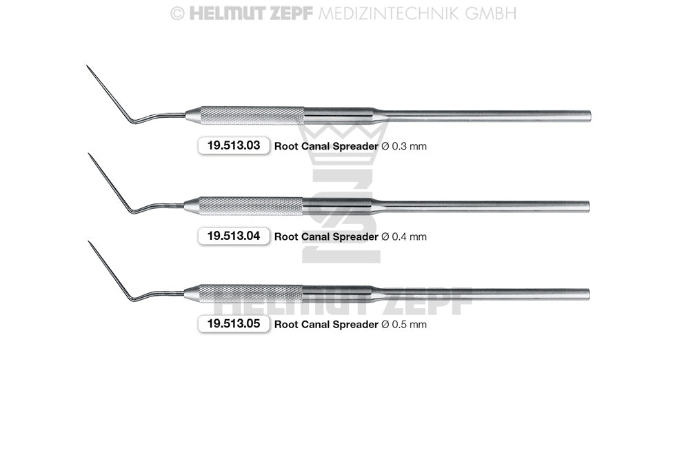 Helmut Zepf endo root canal spreader 0.4mm pointed, set of 3 sizes 0.3mm, 0.4mm, 0.5mm, No. 19.513.04