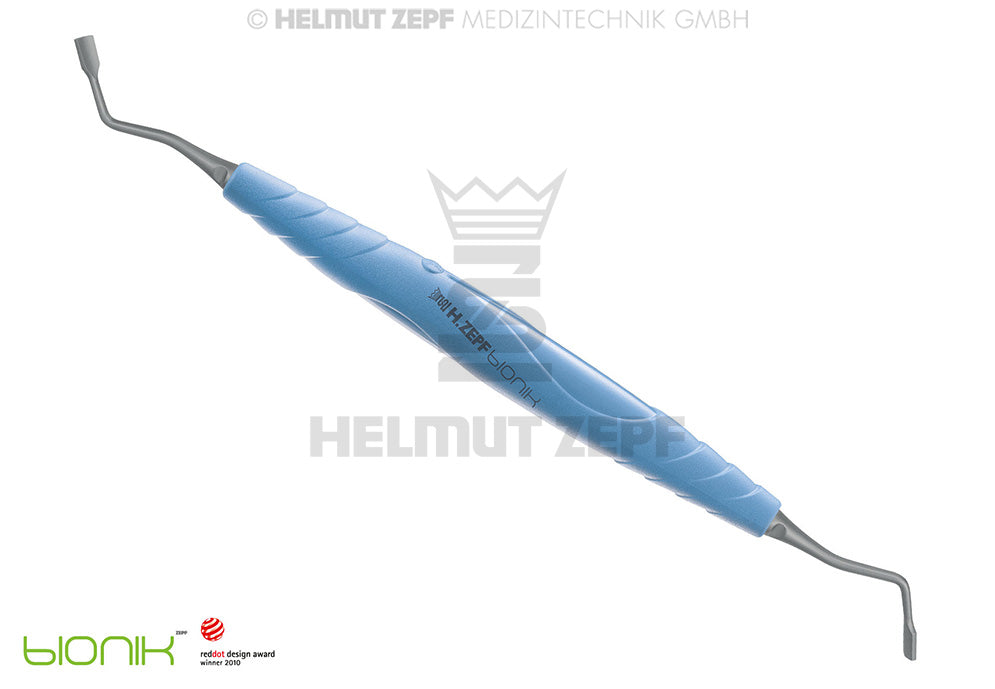 Helmut Zepf titanium augmentation material applicator double-ended plugger, 3.2mm tips 15° opposite, turquoise bIONIK handle