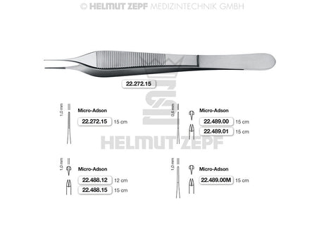 Helmut Zepf Micro adson tissue forceps 15cm 1x2 teeth No.22.488.15 surgical instrument diagram