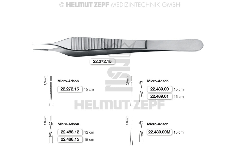 Adson tissue forceps Micro-Adson 15cm 1x2 teeth 0.6mm fine spring 3 grip holes Helmut Zepf 22.489.00
