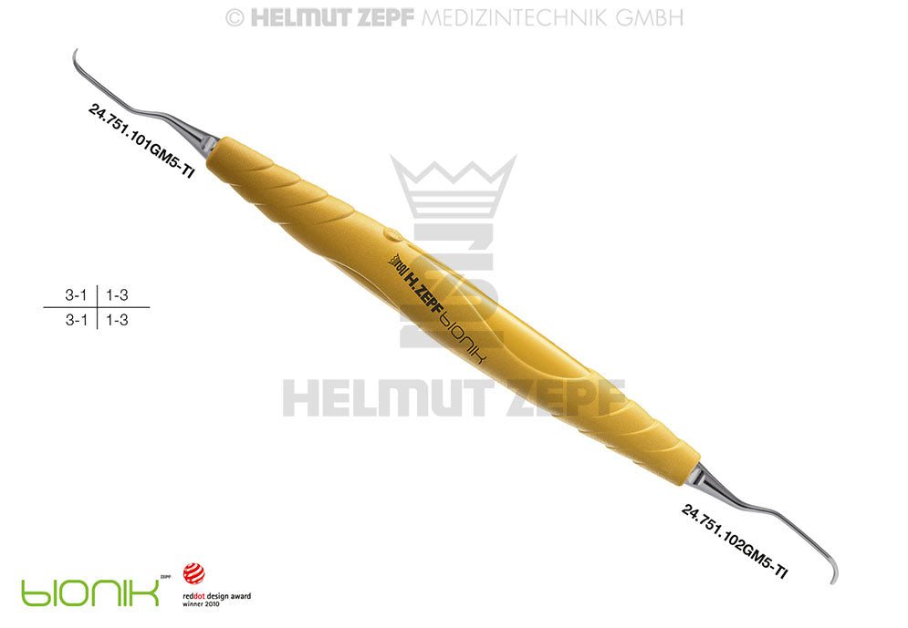 Gracey Curette M5 GRA 1/2 Front Teeth Yellow bIONIK Handle Titanium Tips Helmut Zepf 24.201.01GM5-TI