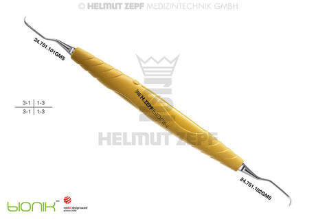 Gracey Curette M5 GRA 1/2 Front Teeth Yellow ZEPF-bIONIK Handle Deep Scaling Helmut Zepf 24.201.01GM5