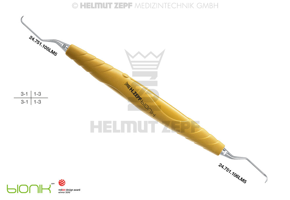 Langer Universal Curette 5/6 M5 for Anterior Teeth with Yellow ZEPF-bIONIK Handle by Helmut Zepf