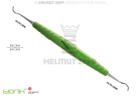 Sickle Scaler #204S ZEPF-bIONIK Yellow-Green Handle for Plaque Removal in Molar Interdental Spaces by Helmut Zepf