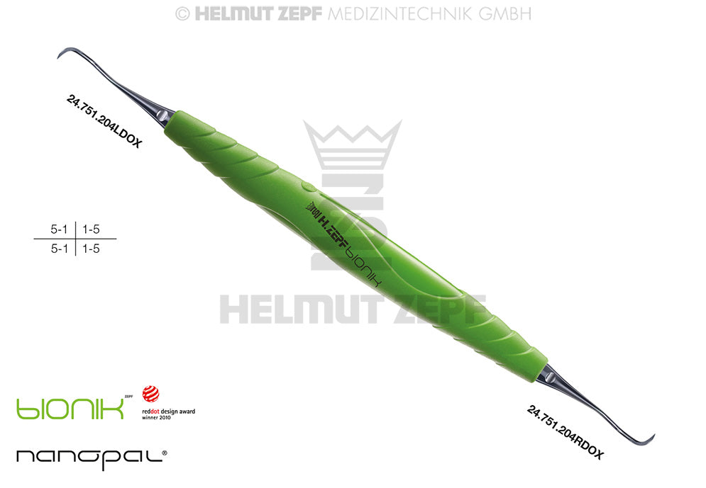 Sickle Scaler #204 SD ZEPF-bIONIK Yellow-Green Nanopal Handle for Plaque Removal Premolar Frontal Area Helmut Zepf