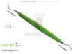 Posterior Sickle Scaler #M23A by Helmut Zepf, yellow-green ZEPF-bIONIK handle, Nanopal coating for molar interdental plaque removal