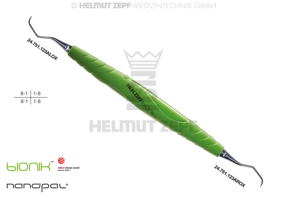 Posterior Sickle Scaler #M23A by Helmut Zepf, yellow-green ZEPF-bIONIK handle, Nanopal coating for molar interdental plaque removal