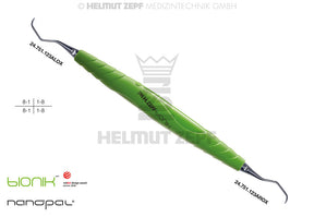 Posterior Sickle Scaler #M23A by Helmut Zepf, yellow-green ZEPF-bIONIK handle, Nanopal coating for molar interdental plaque removal